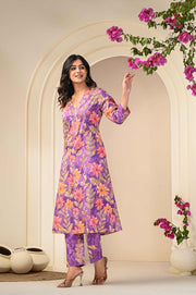 Purple Petal Kurta Set with Pant for Women