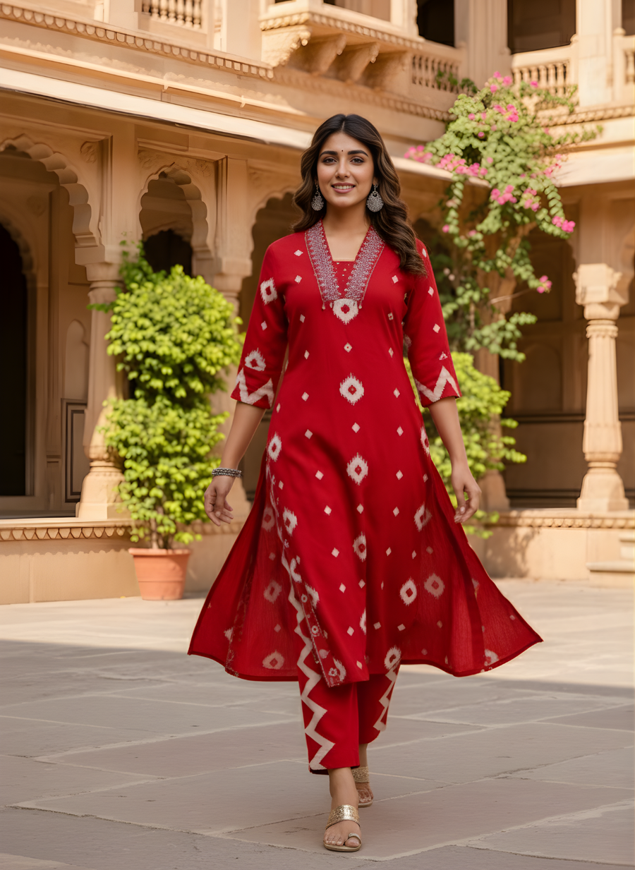 Red Embroidered Cotton Kurta for Women