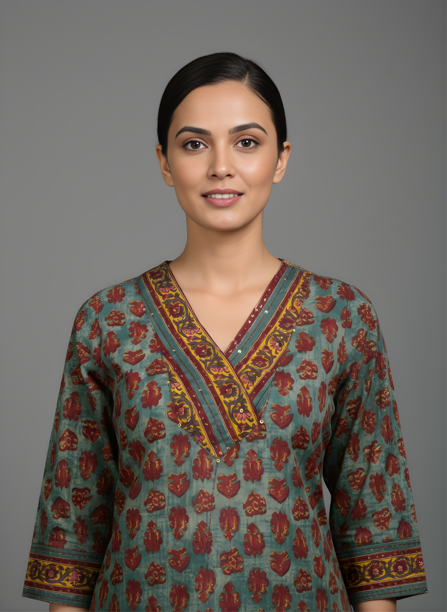 Aaronee Pure Cotton Olive Brown Abstract Print Straight Kurta for Women