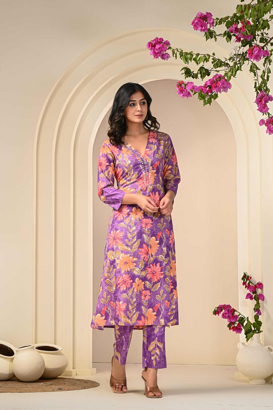 Purple Petal Kurta Set with Pant for Women