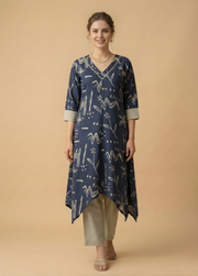 Navy Blue Abstract Print Cotton Kurti Set with Pants – Contemporary Women Ethnic Wear by Aaronee