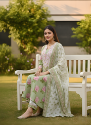 Pastel Green Floral Print Pure Cotton Kurta Set with Dupatta – Elegant Ethnic Wear by Aaronee