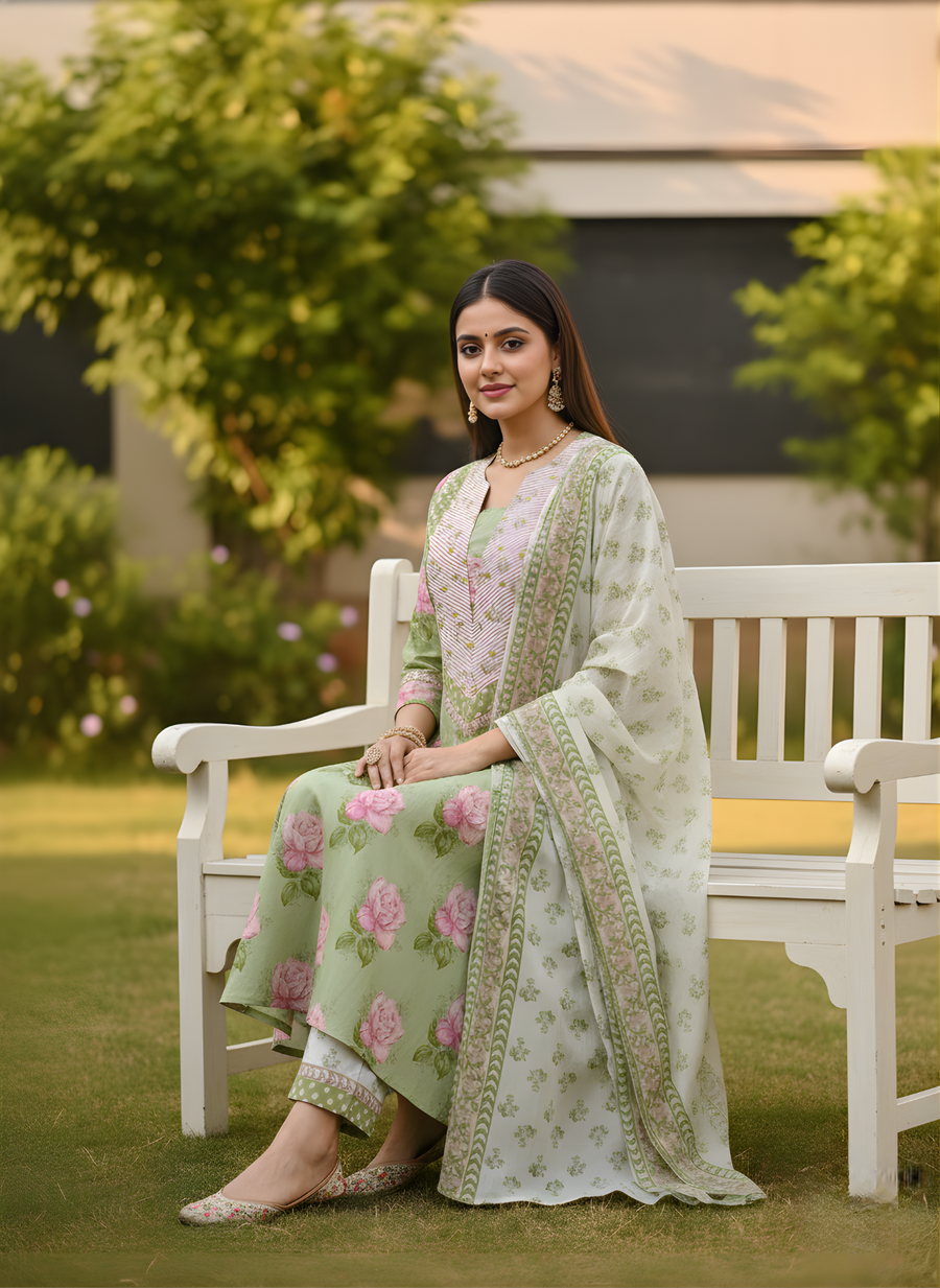 Pastel Green Floral Print Pure Cotton Kurta Set with Dupatta – Elegant Ethnic Wear by Aaronee