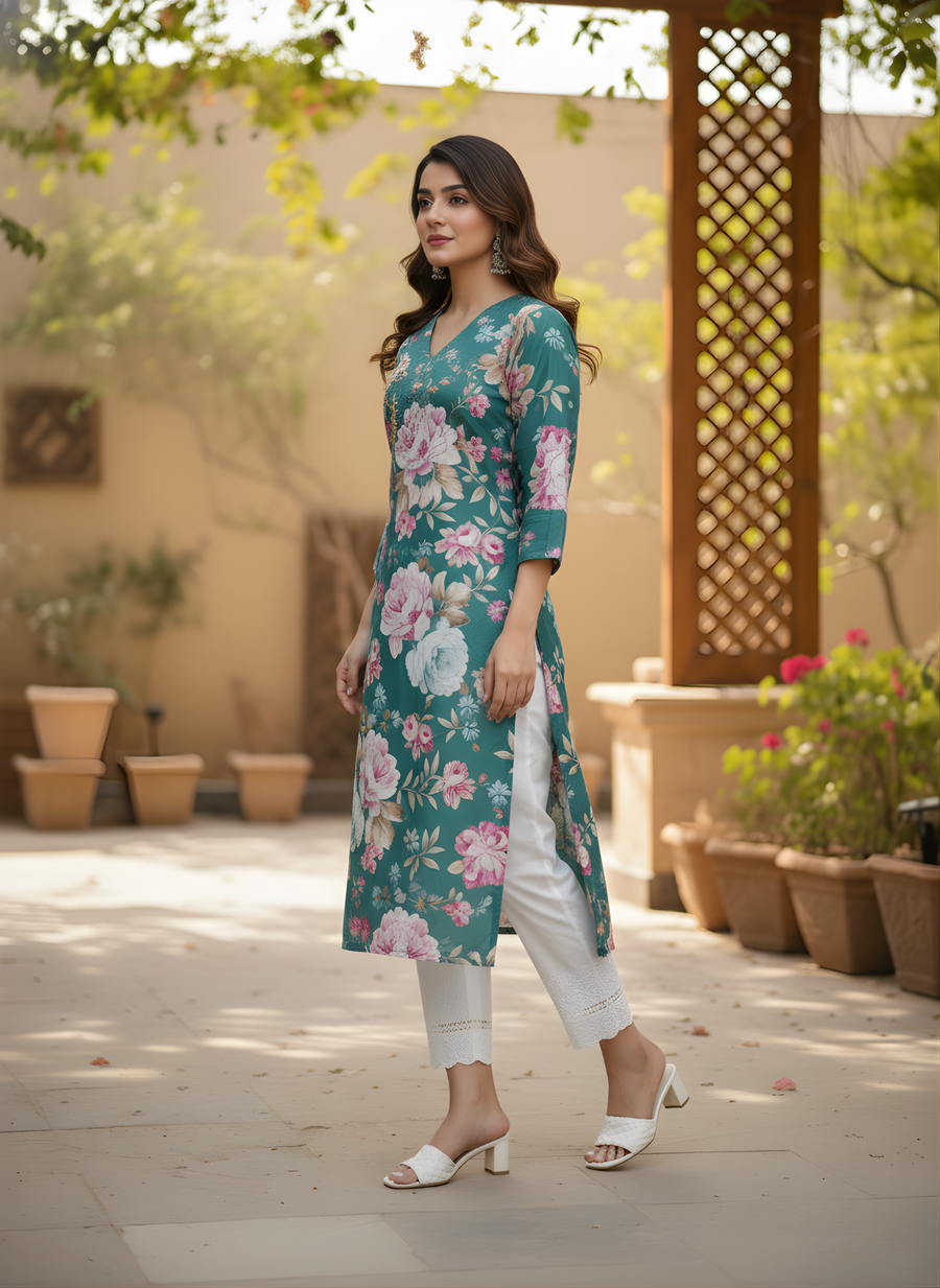 Floral print teal cotton kurta Aaronee ethnic wear