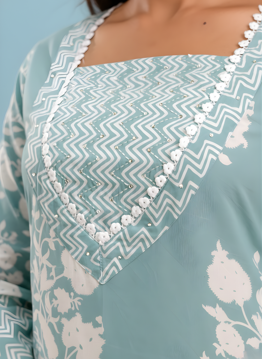 Sea Green Printed Cotton Kurta Pant Set for Women – Aaronee Pure Cotton Collection