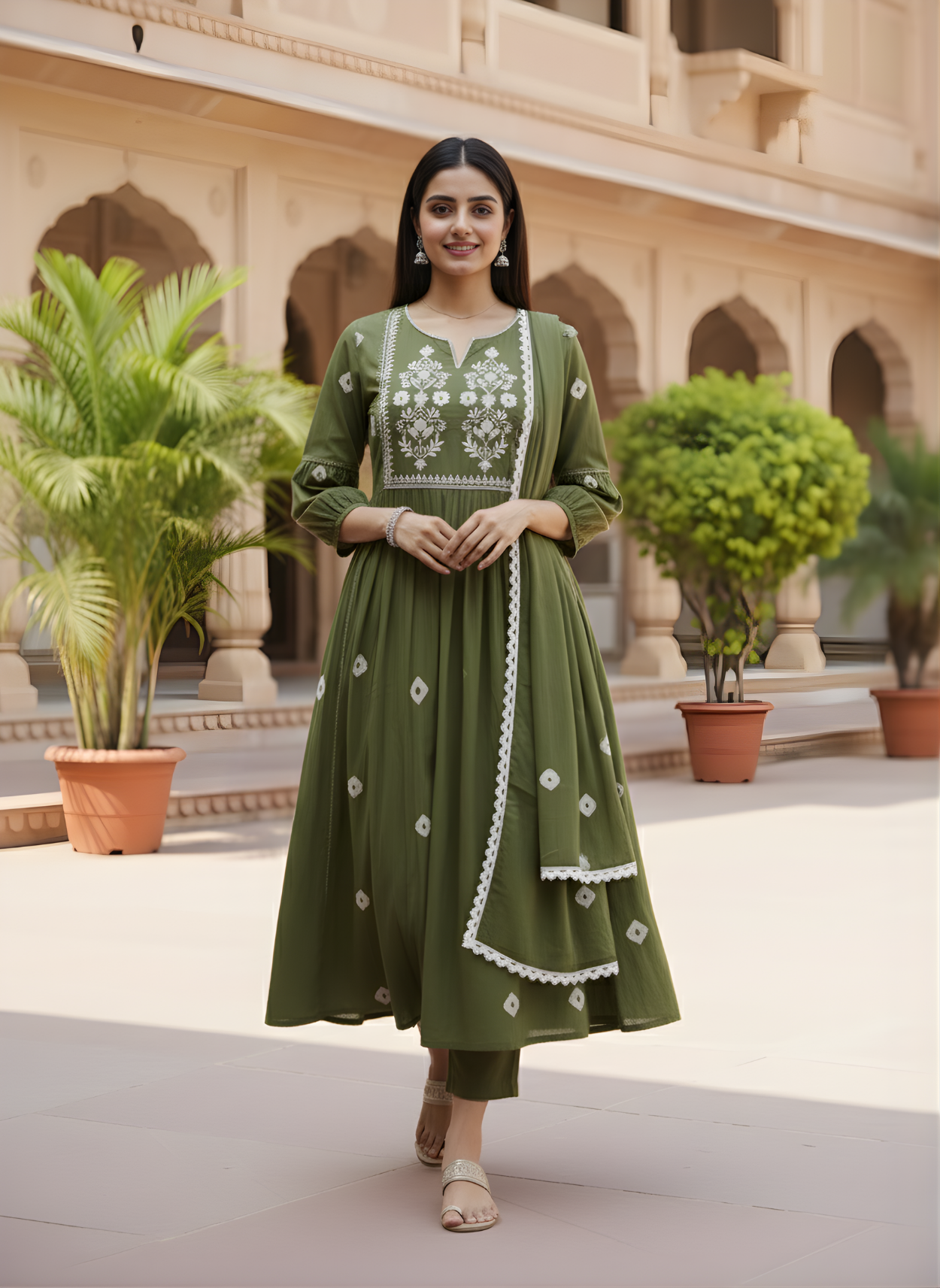 Olive Green Pure Cotton Kurta Dupatta Set with Yoke Embroidery – Elegant Ethnic Wear for Women