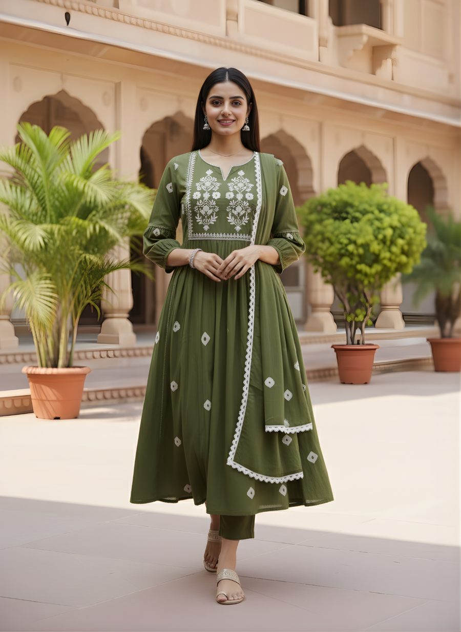 Olive Green Pure Cotton Kurta Dupatta Set with Yoke Embroidery – Elegant Ethnic Wear for Women
