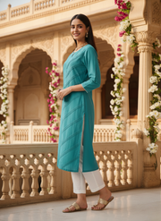 Aaronee Women’s Blue Cotton Straight Kurta