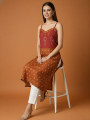 Aaronee Rust Brown Printed Pure Mul Cotton Kurti with Lining