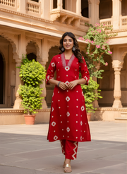 Pure Cotton Red A-line Kurta Pant Outfit