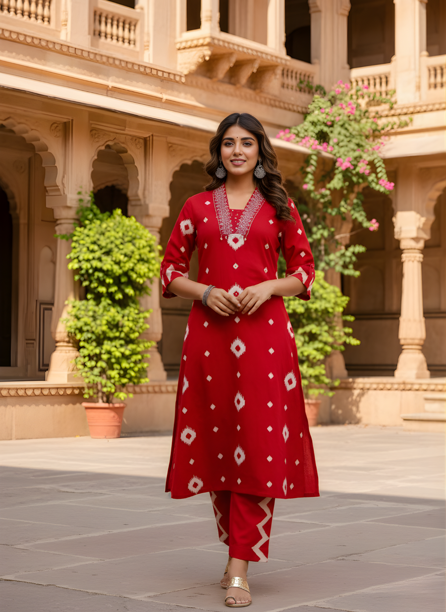 Pure Cotton Red A-line Kurta Pant Outfit