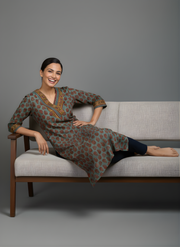 Aaronee Pure Cotton Olive Brown Abstract Print Straight Kurta for Women