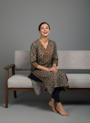 Aaronee Pure Cotton Olive Brown Abstract Print Straight Kurta for Women