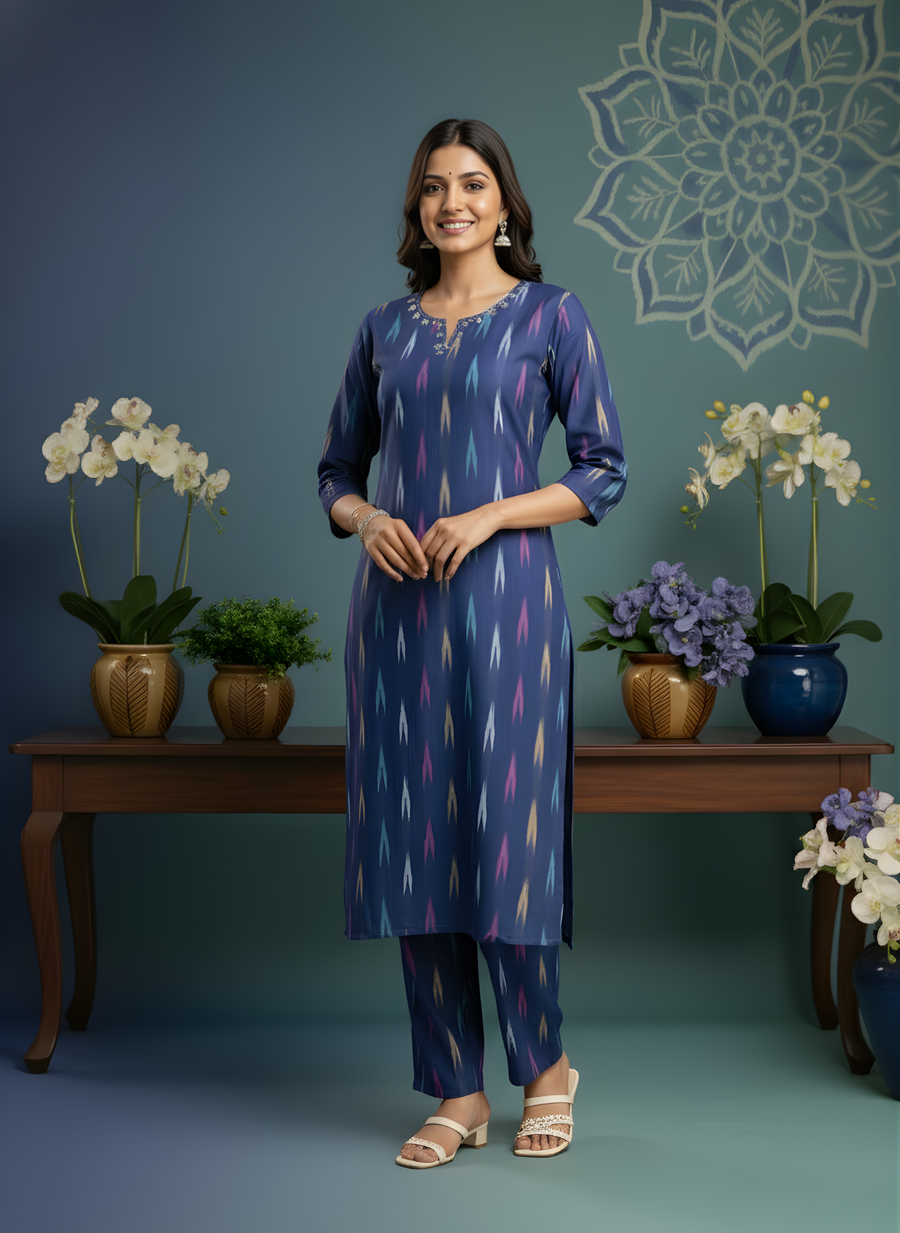 Blue Pure Cotton Printed Kurta Set for Women – Stylish Ikat Pattern by Aaronee