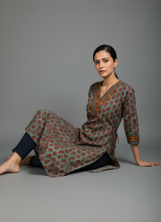 Aaronee Pure Cotton Olive Brown Abstract Print Straight Kurta for Women