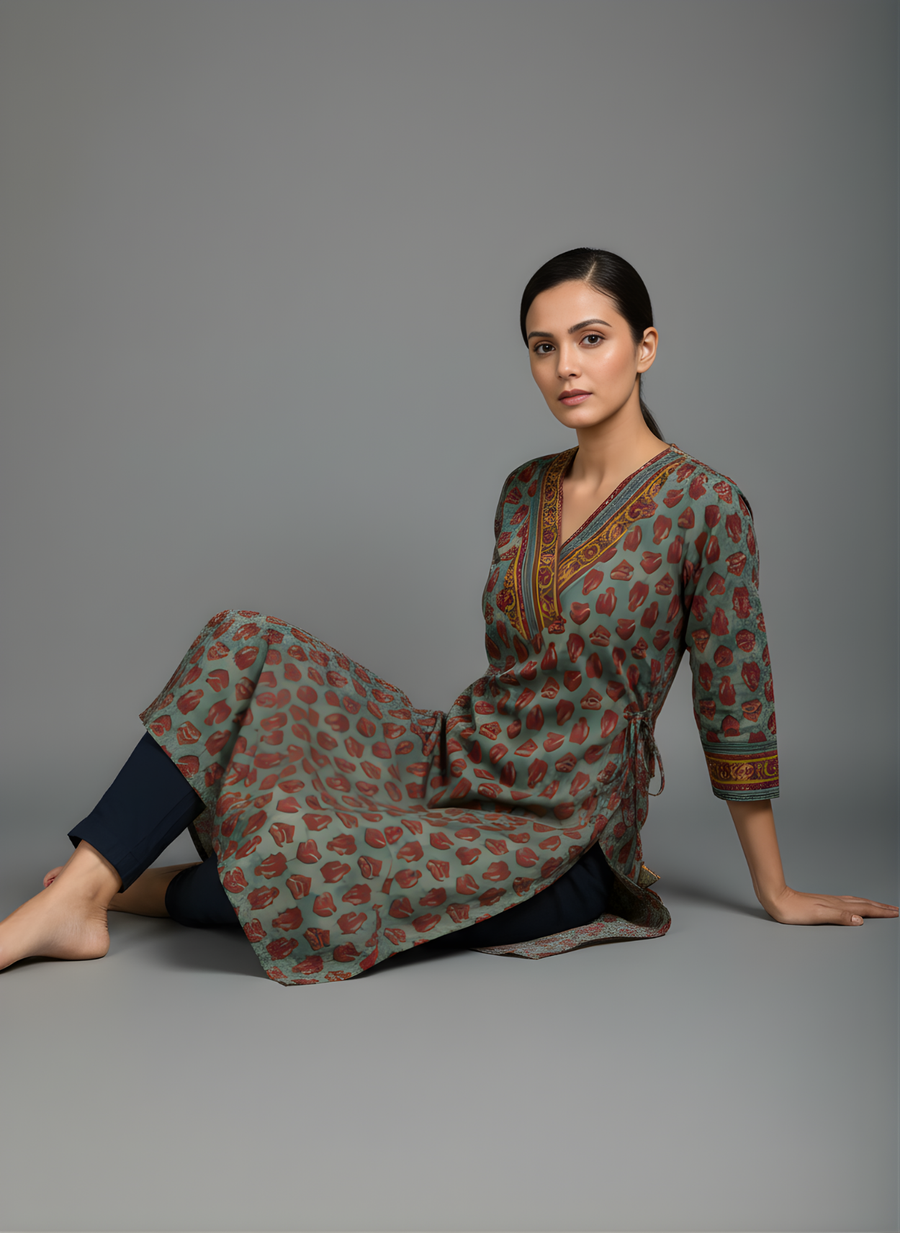 Aaronee Pure Cotton Olive Brown Abstract Print Straight Kurta for Women