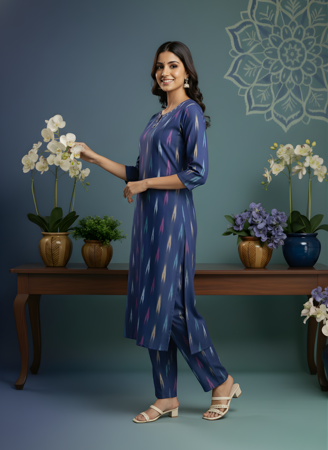 Blue Pure Cotton Printed Kurta Set for Women – Stylish Ikat Pattern by Aaronee