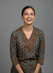 Aaronee Pure Cotton Olive Brown Abstract Print Straight Kurta for Women