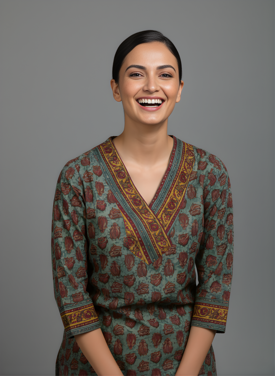 Aaronee Pure Cotton Olive Brown Abstract Print Straight Kurta for Women