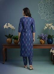 Blue Pure Cotton Printed Kurta Set for Women – Stylish Ikat Pattern by Aaronee