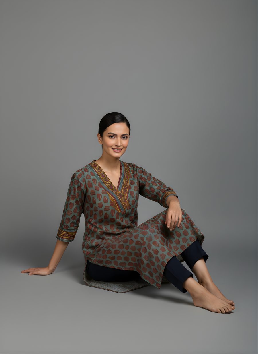 Aaronee Pure Cotton Olive Brown Abstract Print Straight Kurta for Women