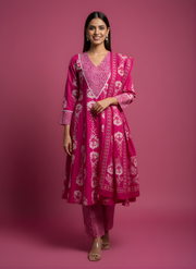 Aaronee Hot Pink Pure Cotton Printed Kurta Dupatta Set for Women – Festive Ethnic Wear