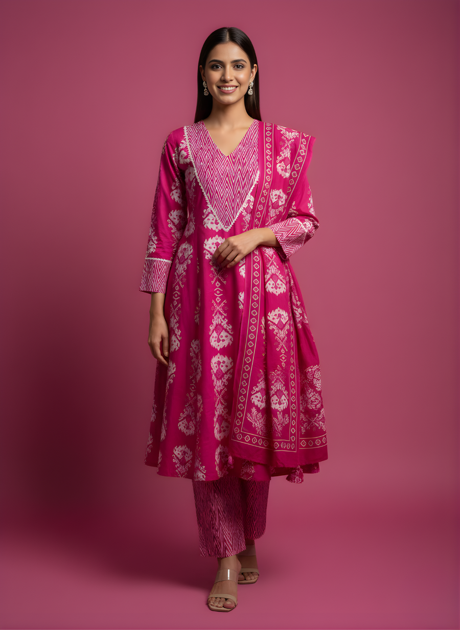Aaronee Hot Pink Pure Cotton Printed Kurta Dupatta Set for Women – Festive Ethnic Wear