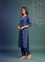 Blue Pure Cotton Printed Kurta Set for Women – Stylish Ikat Pattern by Aaronee