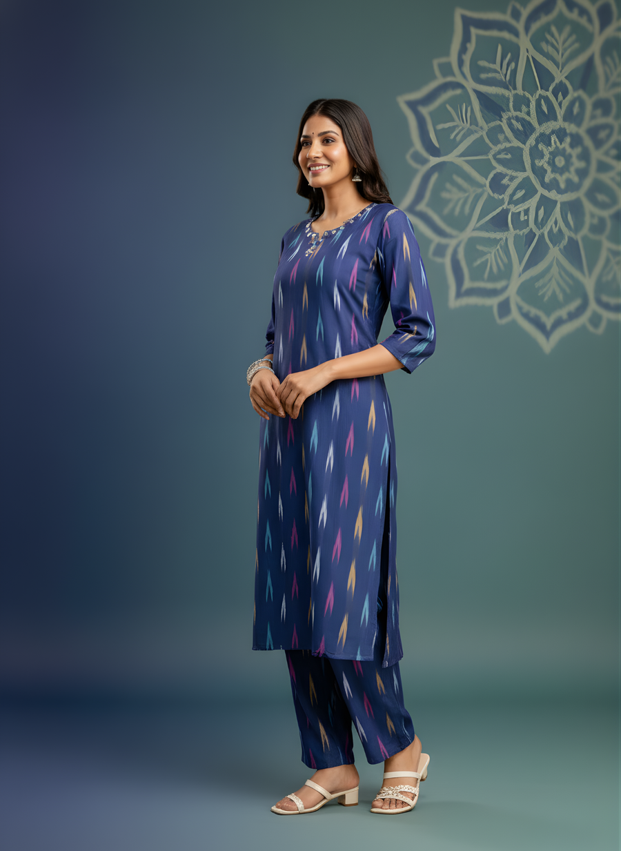 Blue Pure Cotton Printed Kurta Set for Women – Stylish Ikat Pattern by Aaronee