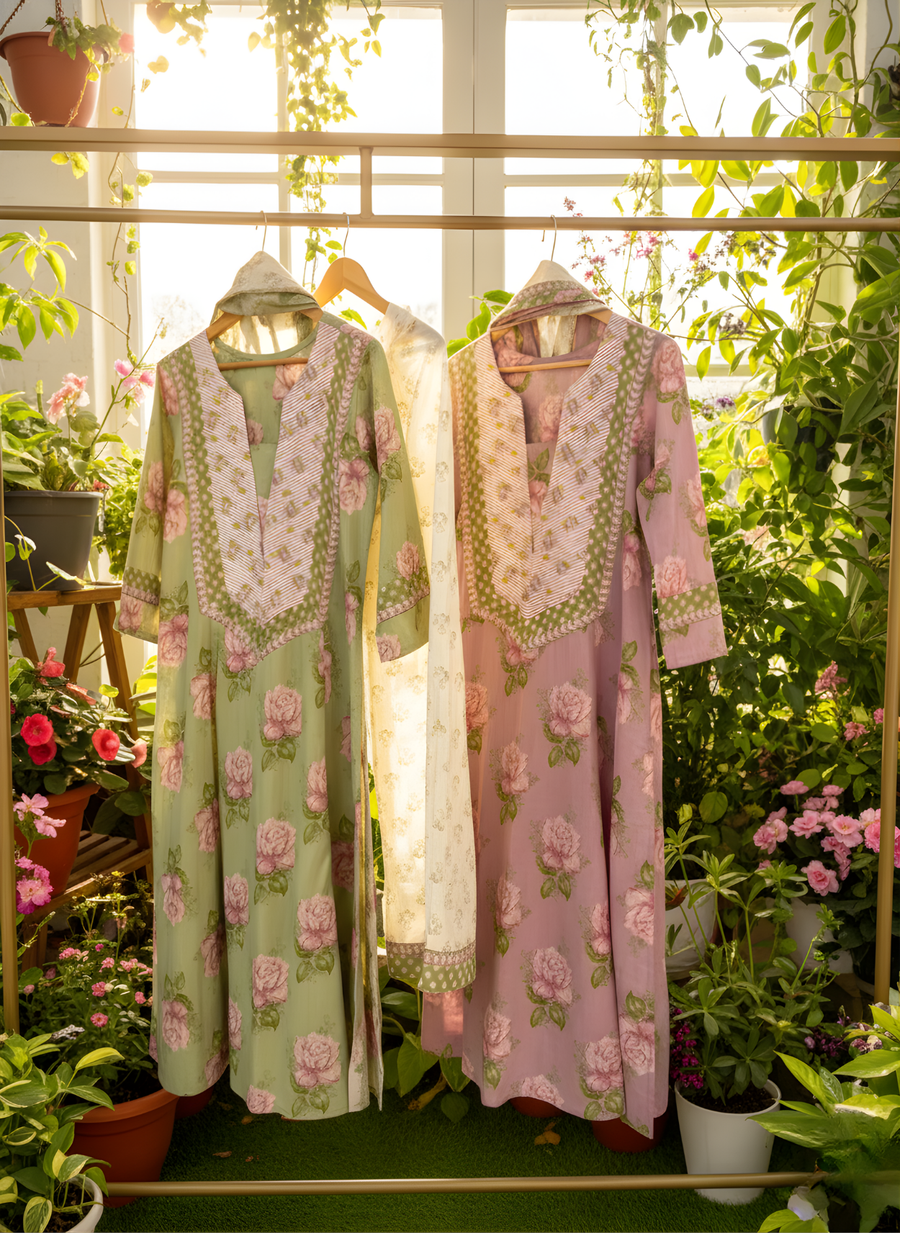 Pastel Green Floral Print Pure Cotton Kurta Set with Dupatta – Elegant Ethnic Wear by Aaronee