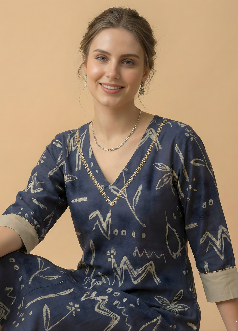 Navy Blue Abstract Print Cotton Kurti Set with Pants – Contemporary Women Ethnic Wear by Aaronee