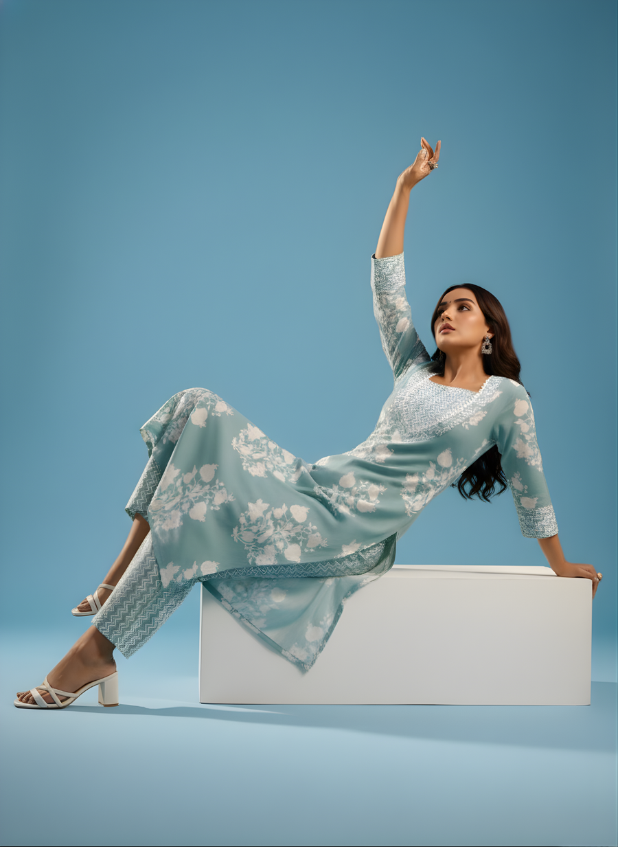 Sea Green Printed Cotton Kurta Pant Set for Women – Aaronee Pure Cotton Collection