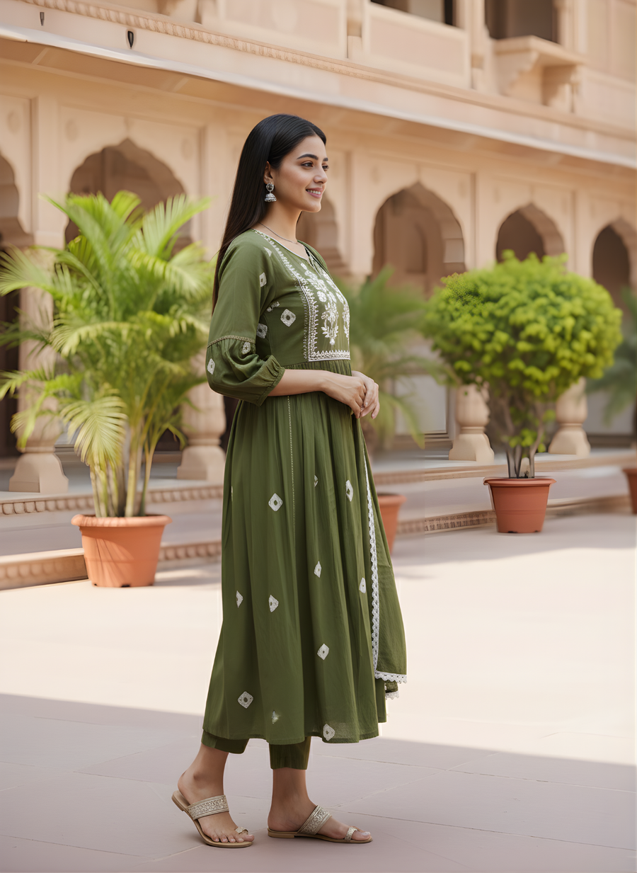 Olive Green Pure Cotton Kurta Dupatta Set with Yoke Embroidery – Elegant Ethnic Wear for Women
