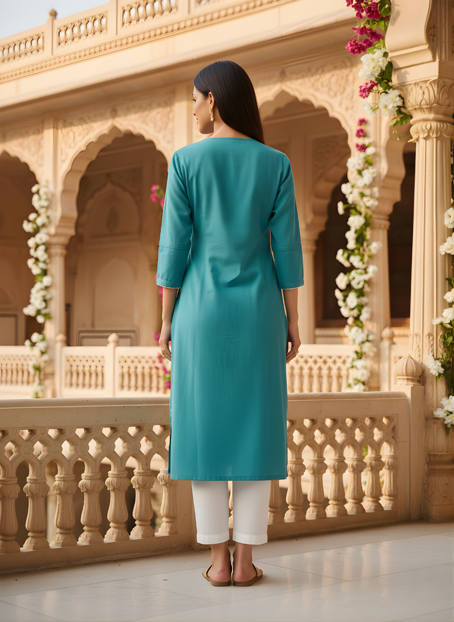 Aaronee Elegant Blue Embroidered Cotton Kurti