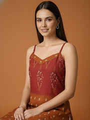 Aaronee Rust Brown Printed Pure Mul Cotton Kurti with Lining