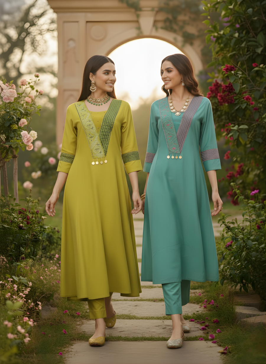 Teal Green Roman Silk Kurta Set – Elegant Festive Wear with Embroidered Detail by Aaronee