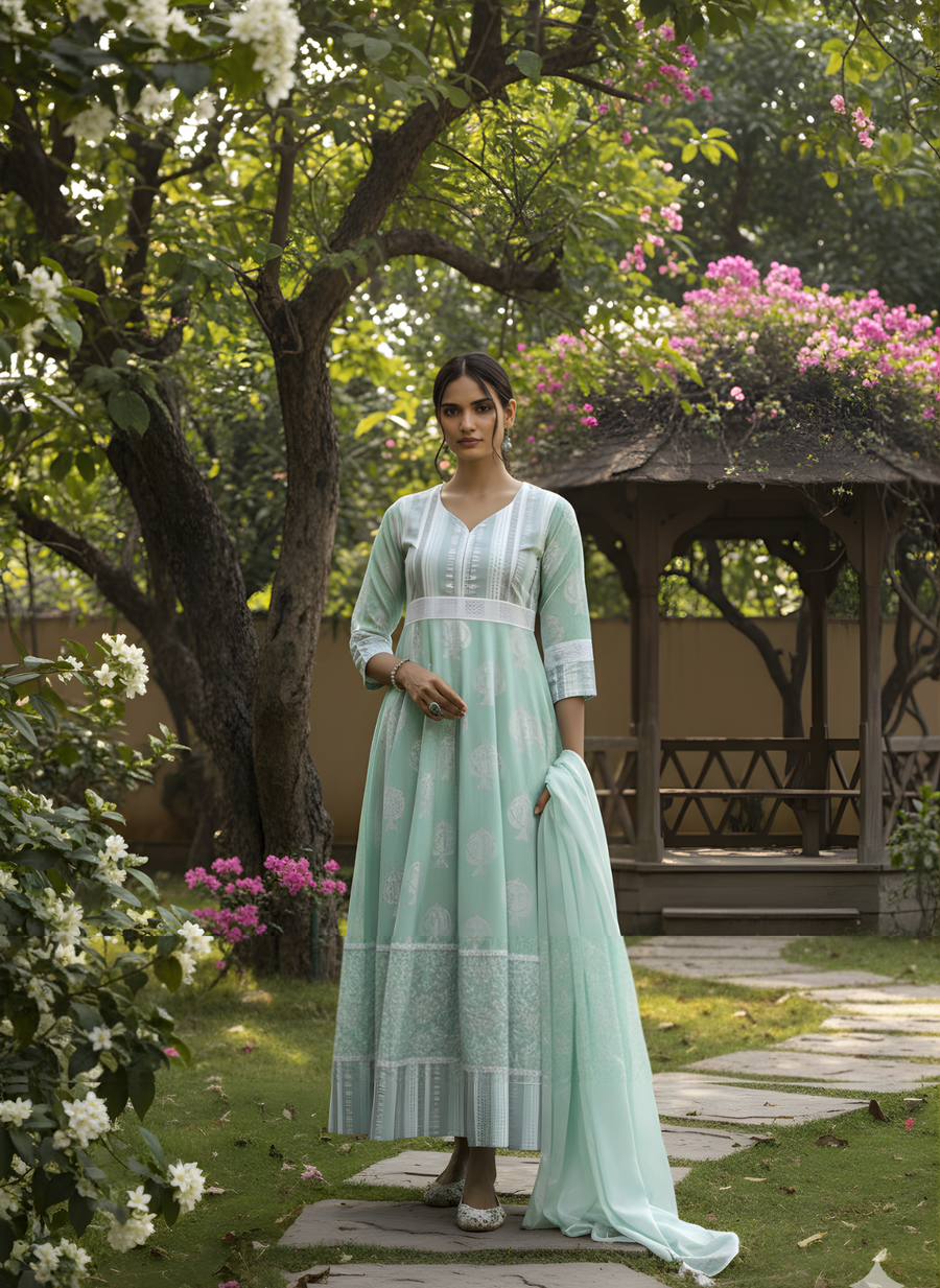 Mint Green Pure Modal Chanderi Long Dress – Elegant Ethnic Anarkali with Dupatta by Aaronee