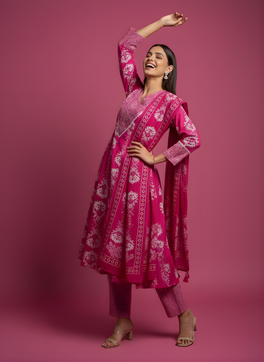 Aaronee Hot Pink Pure Cotton Printed Kurta Dupatta Set for Women – Festive Ethnic Wear