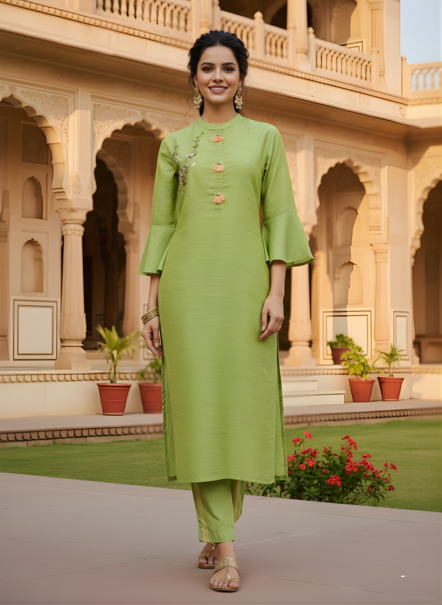 Lime Green Pure Cotton Kurta Set for Women – Aaronee