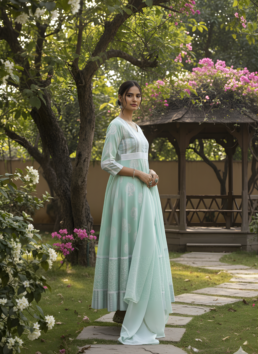 Mint Green Pure Modal Chanderi Long Dress – Elegant Ethnic Anarkali with Dupatta by Aaronee