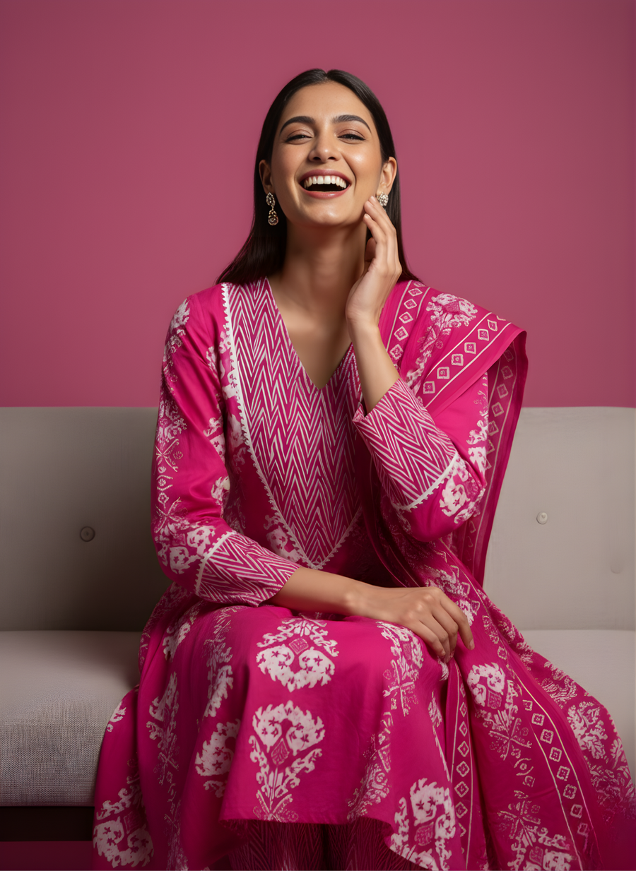 Aaronee Hot Pink Pure Cotton Printed Kurta Dupatta Set for Women – Festive Ethnic Wear