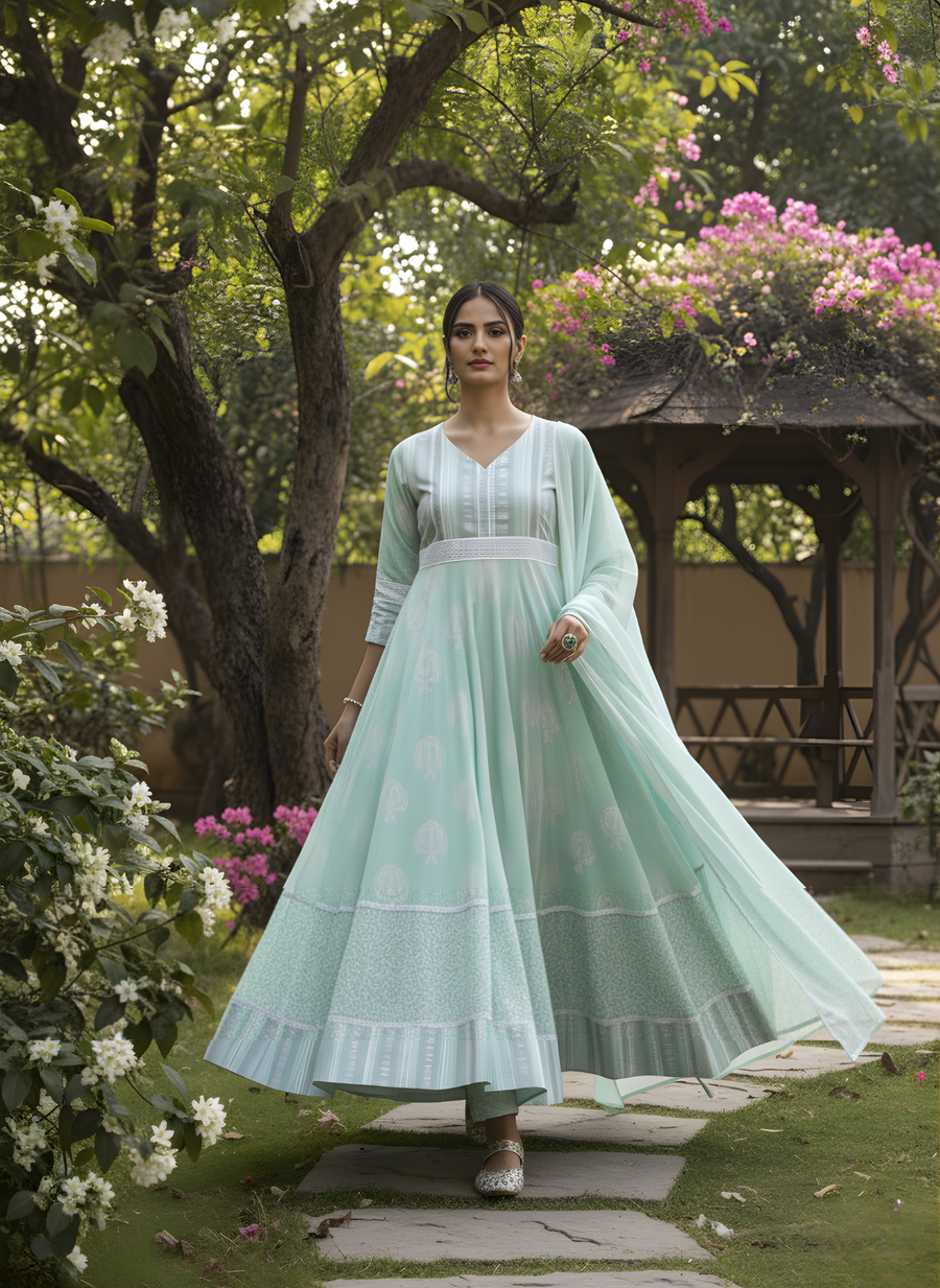 Mint Green Pure Modal Chanderi Long Dress – Elegant Ethnic Anarkali with Dupatta by Aaronee