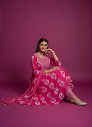 Aaronee Hot Pink Pure Cotton Printed Kurta Dupatta Set for Women – Festive Ethnic Wear
