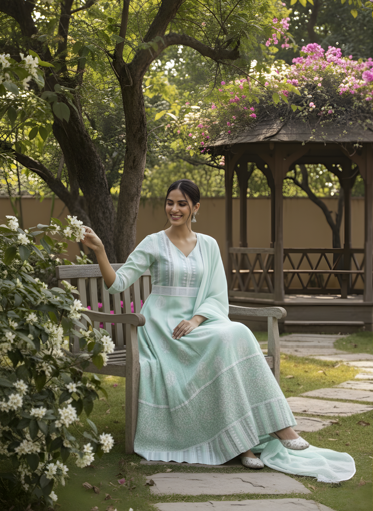 Mint Green Pure Modal Chanderi Long Dress – Elegant Ethnic Anarkali with Dupatta by Aaronee