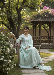 Mint Green Pure Modal Chanderi Long Dress – Elegant Ethnic Anarkali with Dupatta by Aaronee