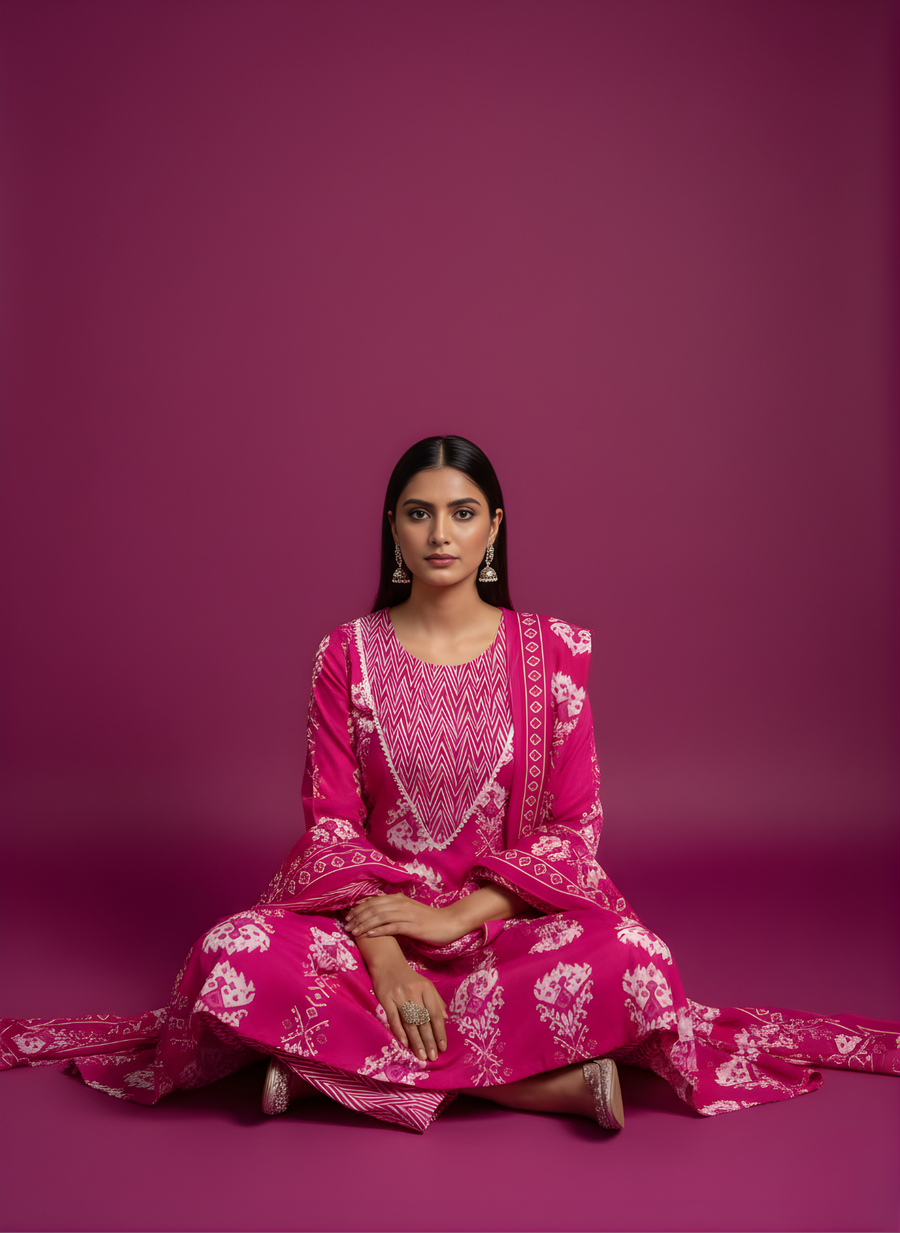 Aaronee Hot Pink Pure Cotton Printed Kurta Dupatta Set for Women – Festive Ethnic Wear