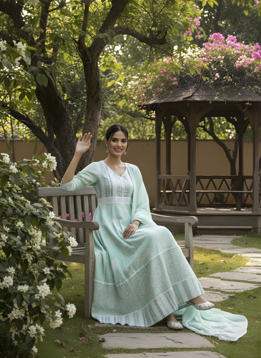 Mint Green Pure Modal Chanderi Long Dress – Elegant Ethnic Anarkali with Dupatta by Aaronee