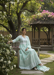 Mint Green Pure Modal Chanderi Long Dress – Elegant Ethnic Anarkali with Dupatta by Aaronee