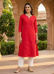Aaronee Red Pure Cotton Embroidered Long Straight Kurti for Women | Festive & Office Wear Elegance