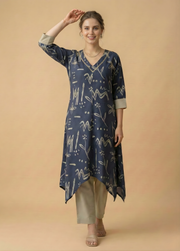 Navy Blue Abstract Print Cotton Kurti Set with Pants – Contemporary Women Ethnic Wear by Aaronee